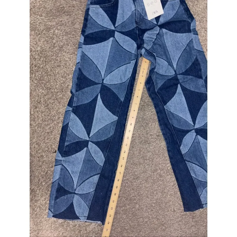 NWT Zara Kids x Sea New York Geometric Print Wide Leg Kids Patchwork Denim Jeans